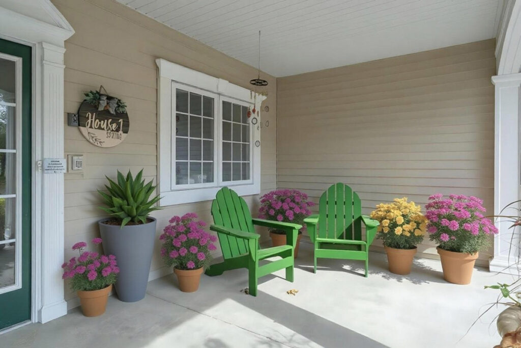 Covered front porch at Emerald Crest Shakopee featuring comfortable seating and welcoming outdoor space for residents and visitors.