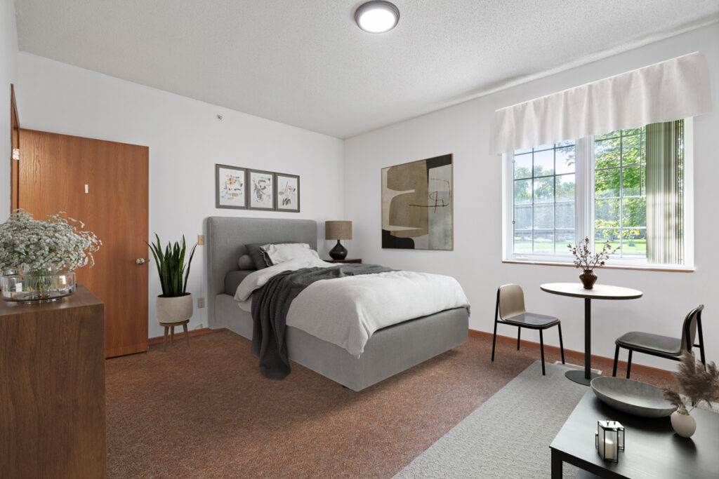 Private resident suite at Emerald Crest Shakopee designed for comfort, safety, and personalized memory care support.